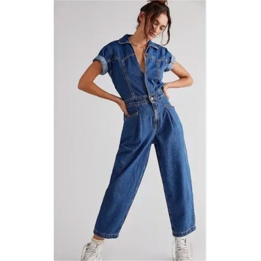 We The Free People Marla Trouser Coveralls Denim Jumpsuit M Utility Western Blue